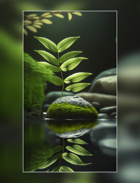 绿色石头植物拍摄背植物倒影产品摄影背景