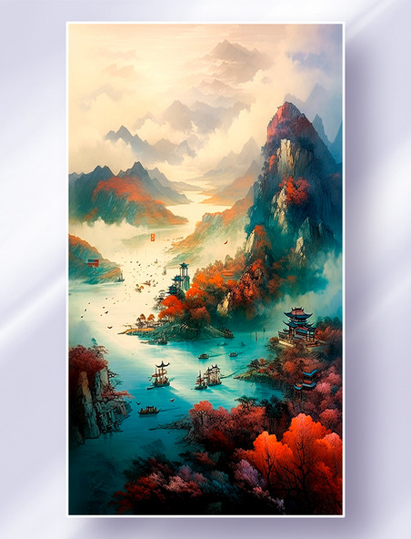 中国水墨画山水飞鸟云雾古建筑大气绚丽霞光图风景山水图片_潮国创意