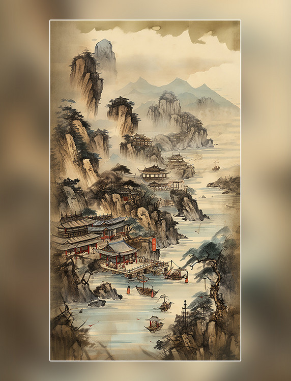 中国风景远山清河古建筑船只鸟类超生动的色彩平面插图风格水墨风