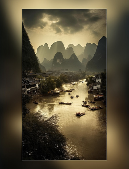 中国水墨画国画山水风景图插画游戏写实