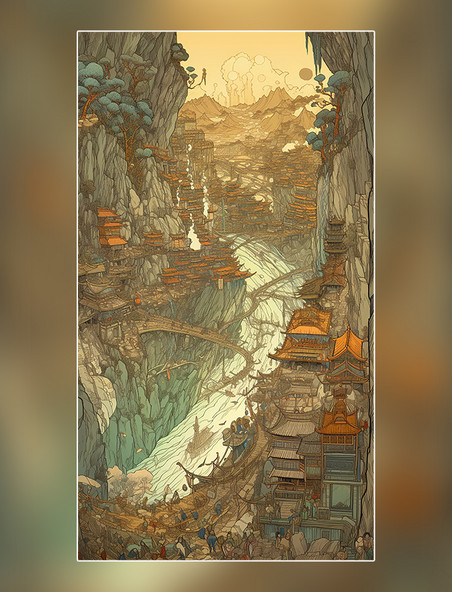  中国传统建筑浮世绘中国的河流山水超细节水彩画
