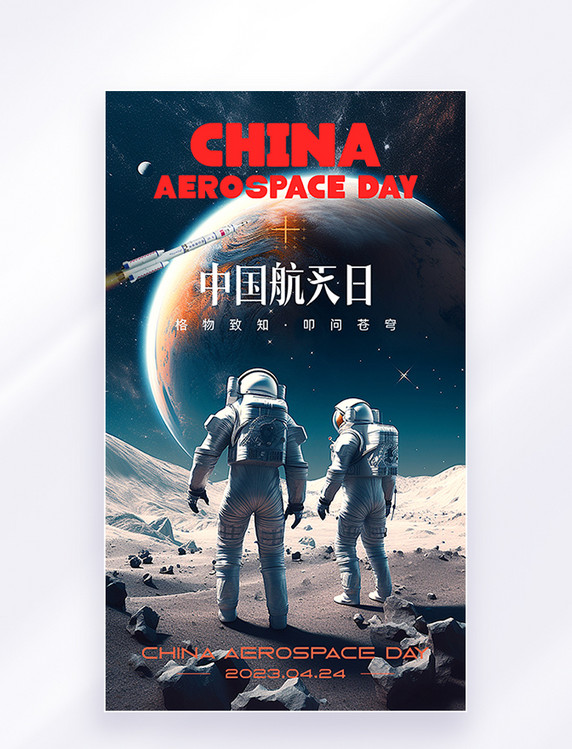 赛博科幻科技宇航员飞船火箭中国航天日世界航天日节日公益海报