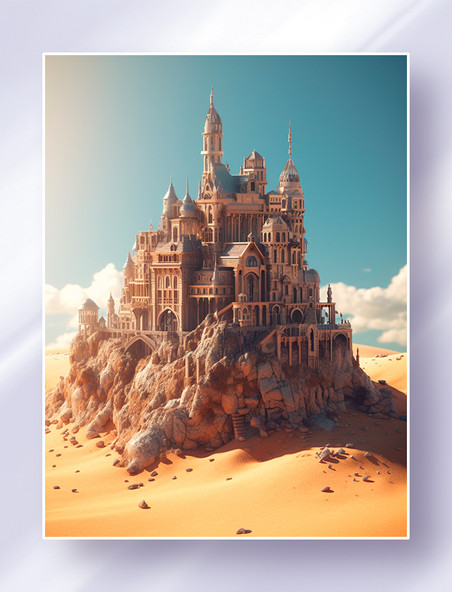3D立体等距超写实微缩场沙漠中的超级城堡创意插画