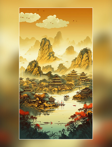 远山清河古建筑中国风景船只鸟类超生动的色彩平面插图风格