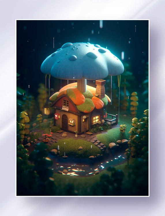 3D立体等距超写实微缩场下雨天的温馨蘑菇房创意插画