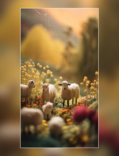 可爱世界一群羊羔在满是鲜花的小山上吃草动物