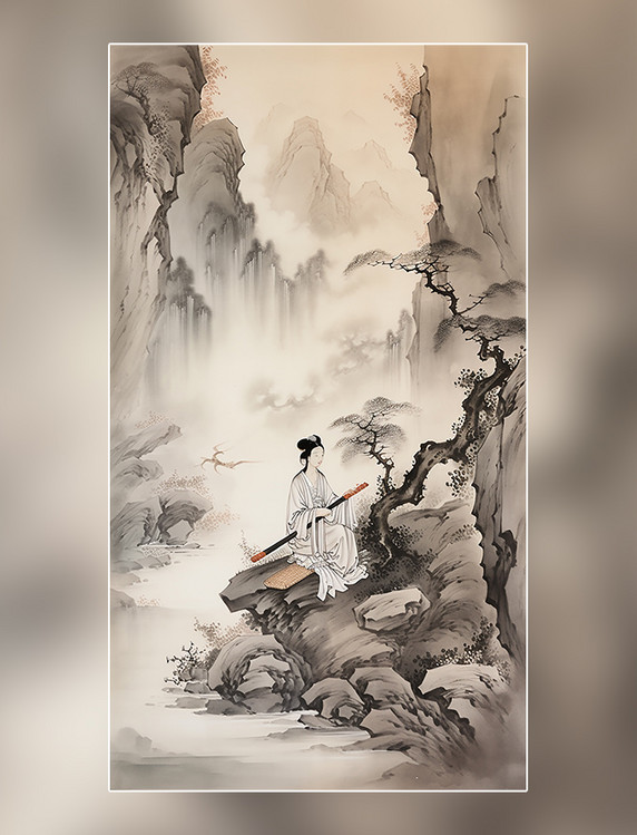 中国水墨风格淡墨浅色中国画高山流水白衣侠客