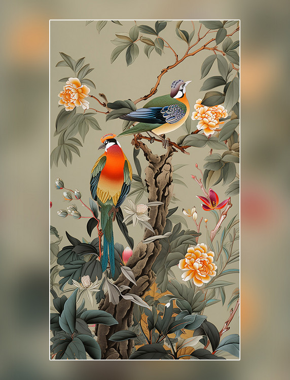 喜鹊花鸟中国水墨画国画工笔画树木绘画作品