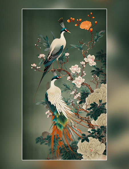 孔雀中国水墨画国画工笔画树木绘画作品