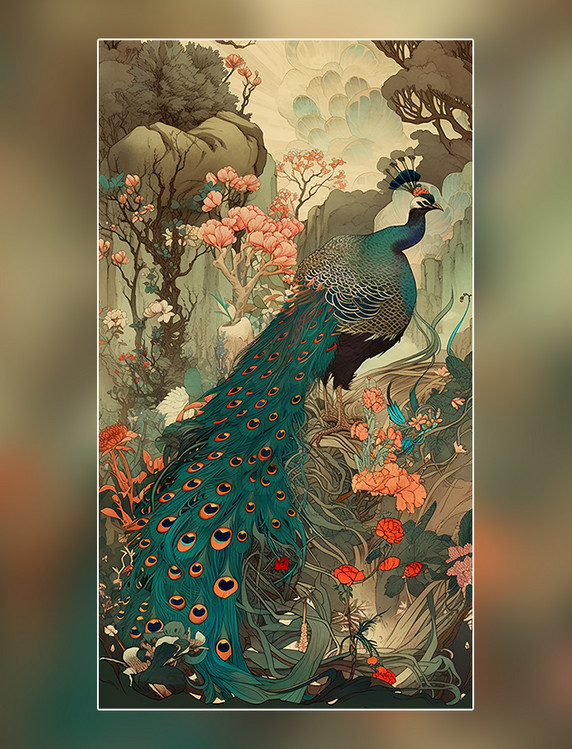 孔雀动物浮世绘中国动植物超细节水彩画