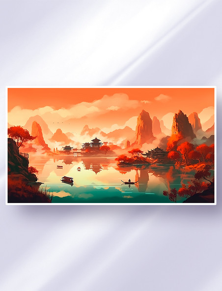 中国风山水飞鸟云雾大气绚丽霞光风景图红色