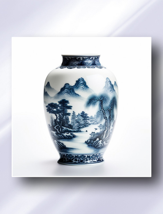 中国风青花瓷瓶古代山水风景图插画花瓶