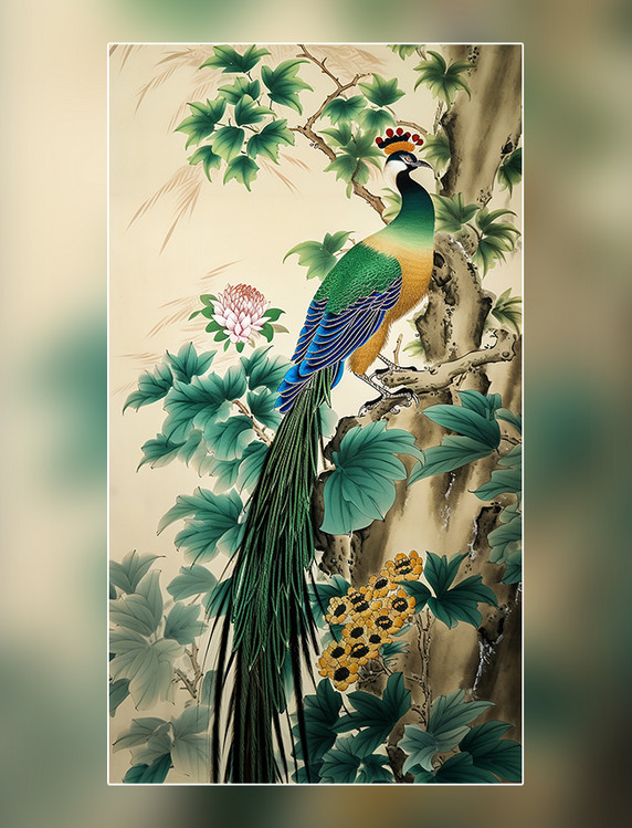 孔雀花鸟中国水墨画国画工笔画树木绘画作品