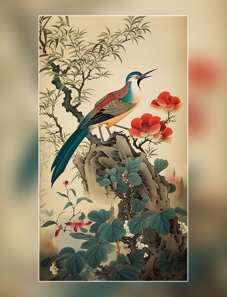  花鸟喜鹊中国水墨画国画工笔画树木绘画作品