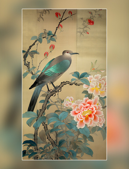 喜鹊花鸟中国水墨画国画工笔画树木绘画作品