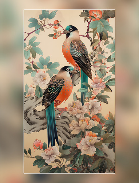 喜鹊花鸟中国水墨画国画工笔画树木绘画作品