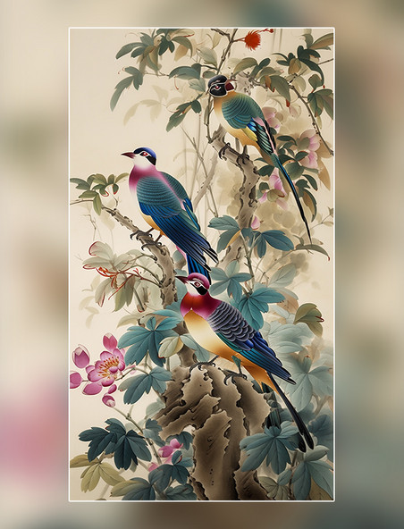 喜鹊中国水墨画国画工笔画树木绘画作品