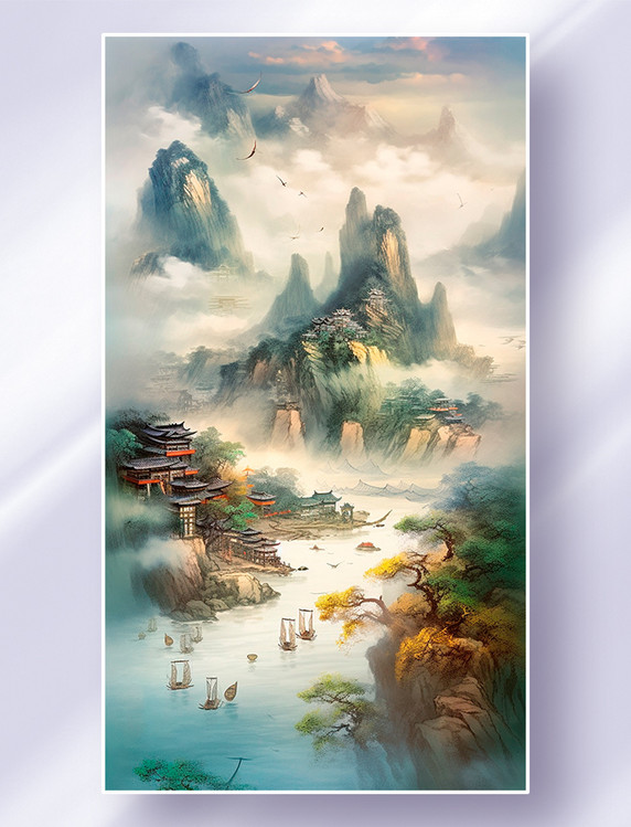 中国水墨画山水飞鸟云雾古建筑大气绚丽霞光图风景山水