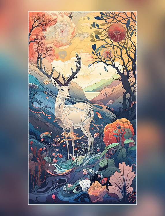 国潮风白鹿祥云鸟类远山中国风格色彩丰富插画浮世绘