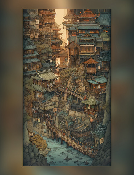  浮世绘中国传统建筑中国的河流山水超细节水彩画