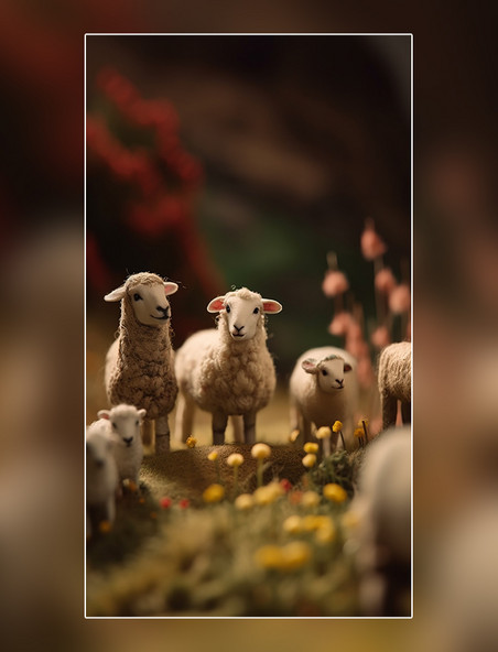一群羊羔在满是鲜花的小山上吃草动物
