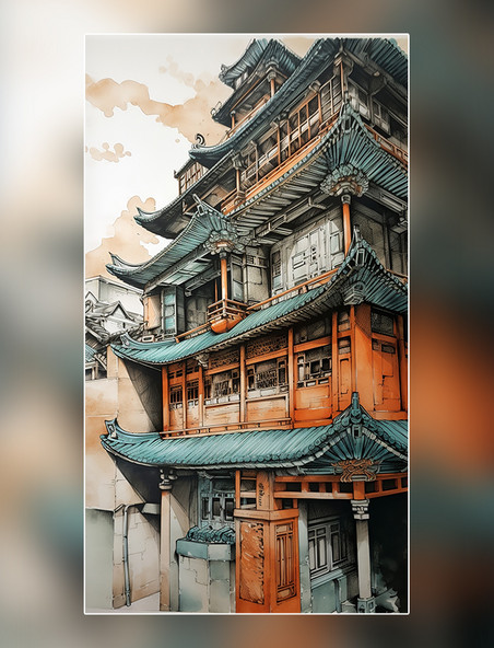 中国传统建筑古镇建筑亭子超细节水彩画