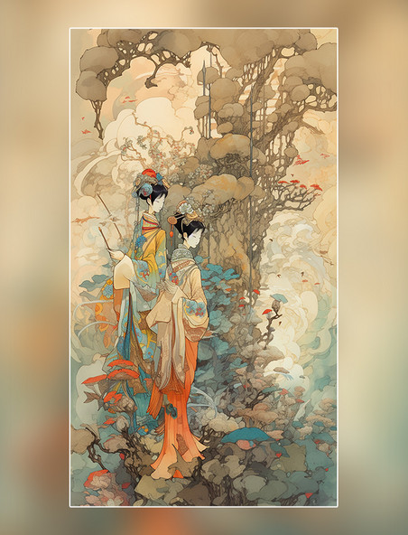 浮世绘人物中国山水花鸟超细节水彩画