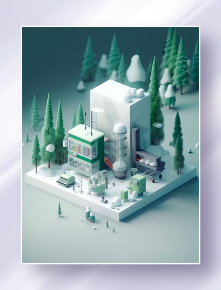 3D立体等距超写实微缩场雪地中的试验站创意插画