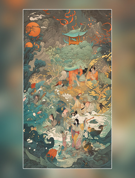 浮世绘中国建筑人物山水花鸟超细节水彩画