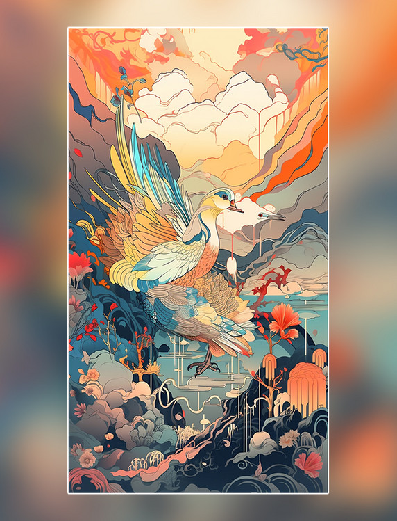 国潮风白鹿祥云鸟类远山中国风格色彩丰富插画浮世绘