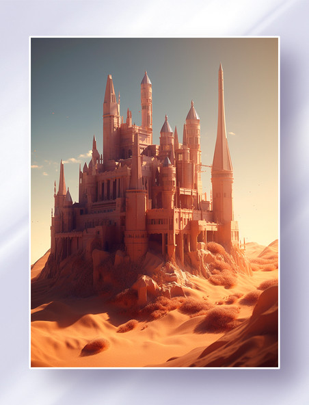 3D立体等距超写实微缩场沙漠中的超级城堡创意插画