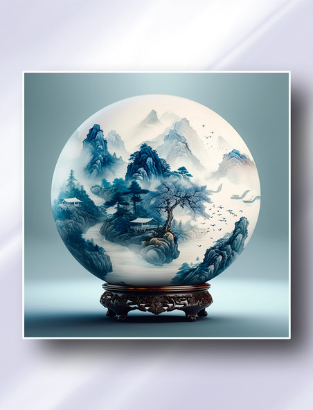 中国风青花瓷盘古代山水风景图瓷器插画花瓶