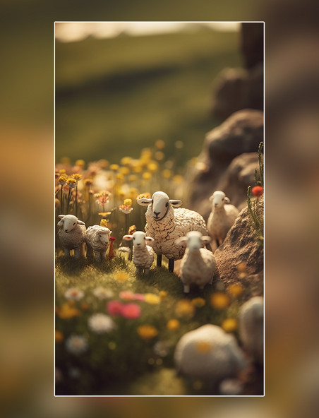 羊毛毡一群羊羔在满是鲜花的小山上吃草动物