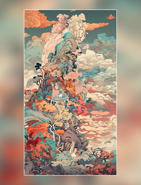国潮风祥云鸟类远山中国风格色彩丰富插画浮世绘
