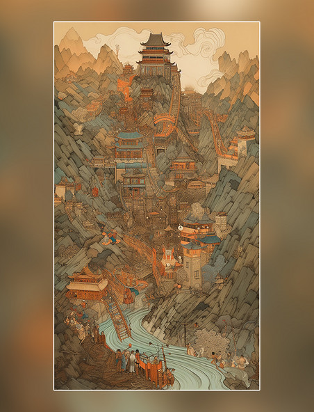 浮世绘中国传统建筑中国的河流山水超细节水彩画