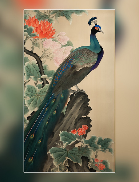 花鸟孔雀中国水墨画国画工笔画树木绘画作品