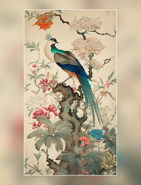 花鸟孔雀中国水墨画国画工笔画树木绘画作品