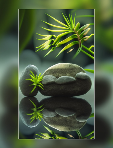 绿色植物石头树叶拍摄背植物倒影产品摄影背景