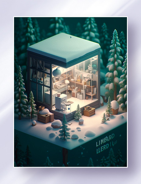 3D立体等距超写实微缩场雪地里的温馨工作室创意插画