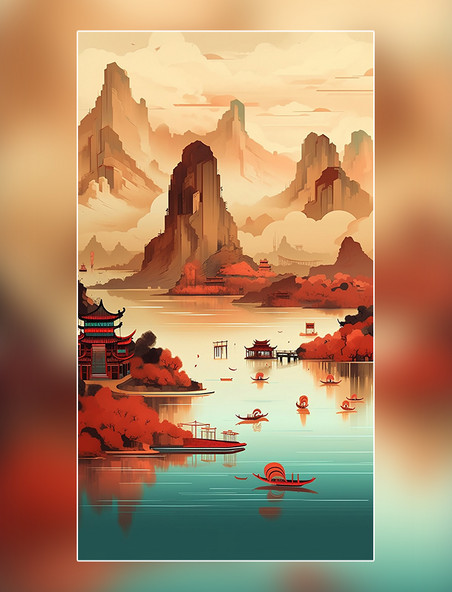 中国风景远山清河古建筑船只鸟类超生动的色彩平面插图风格