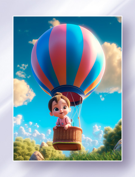儿童节3D立体泡泡玛特风夏日坐在热气球上的可爱小男孩场景图