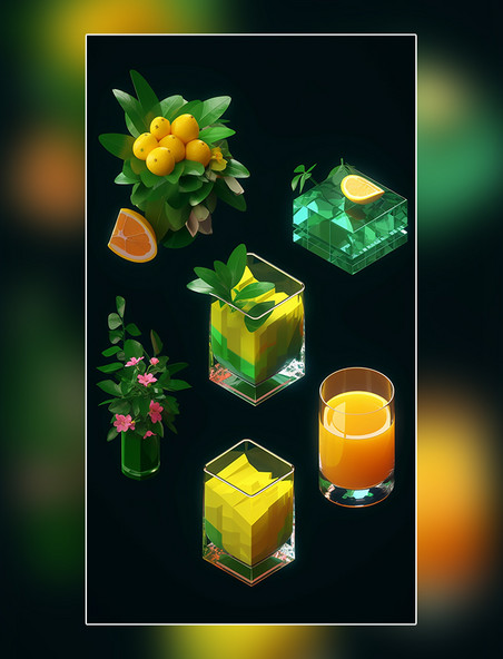 夏日橙子饮料水果薄荷柠檬果冻玻璃杯花丰富的细节饮料