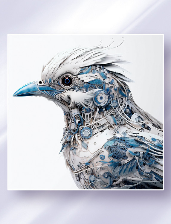 创意中国青花瓷电路板皮肤赛博朋克机械鸟概念插画