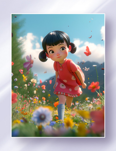 3D立体泡泡玛特风小女孩春天鲜花草地奔跑节气风景图