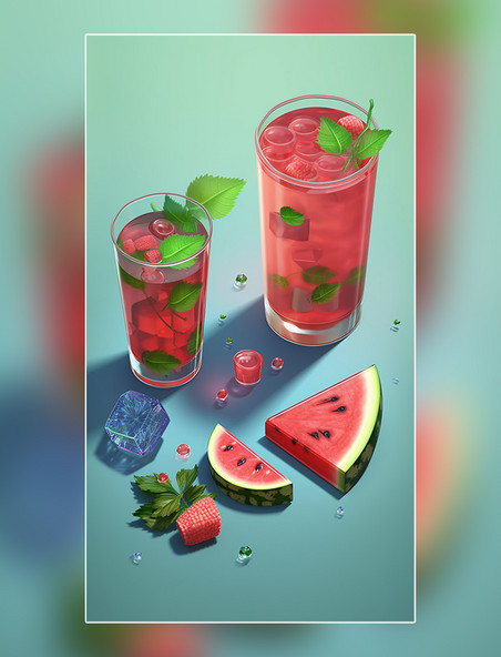 夏日西瓜饮料水果薄荷柠檬果冻玻璃杯夏天
