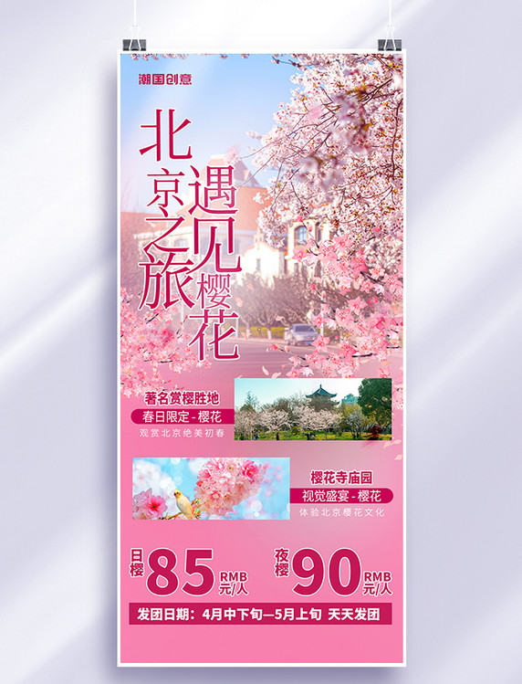 樱花赏樱季旅游宣传粉色简约大气全屏海报