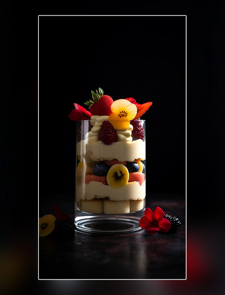 西式甜点提拉米苏蛋糕水果装饰花朵创意特写逼真