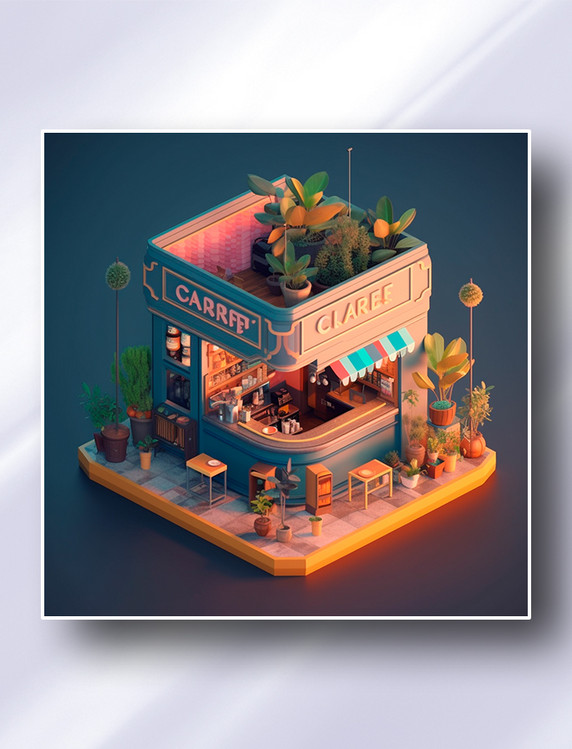 3D渲染立体等轴距微缩咖啡馆场景图