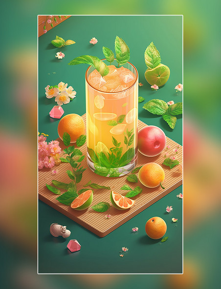 夏日橙子饮料水果薄荷柠檬水果茶夏天蜜桃玻璃杯