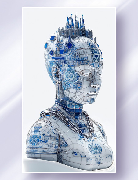 创意中国青花瓷电路板皮肤人物赛博朋克机械佛概念插画